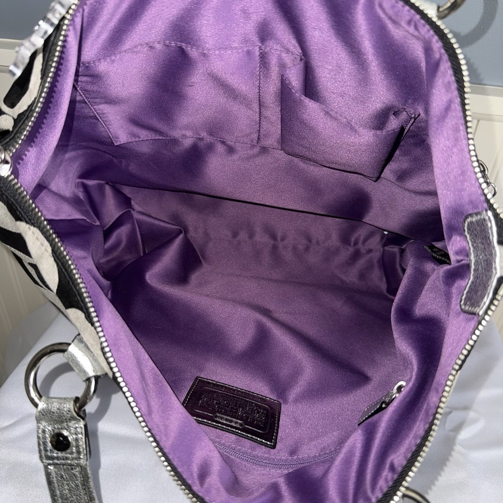 Coach Poppy Large Shoulder Tote Bag Purse Black Silver Shopper Signature C - Picture 4 of 16